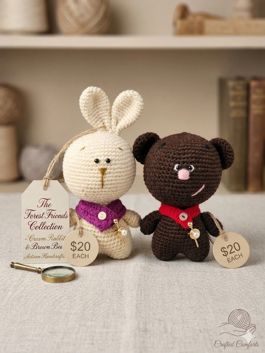 Handmade Cream Rabbit & Brown Bear Crochet Toys