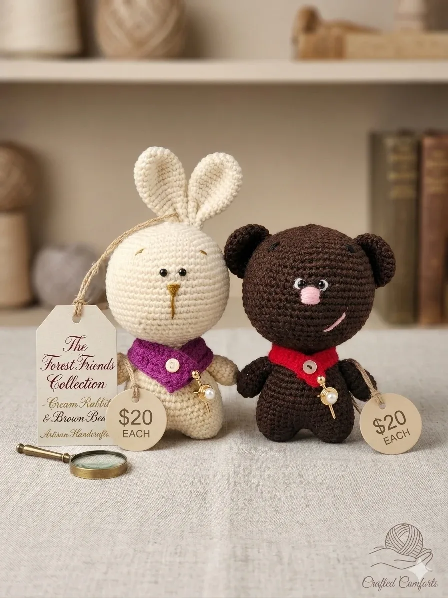 Handmade Cream Rabbit & Brown Bear Crochet Toys