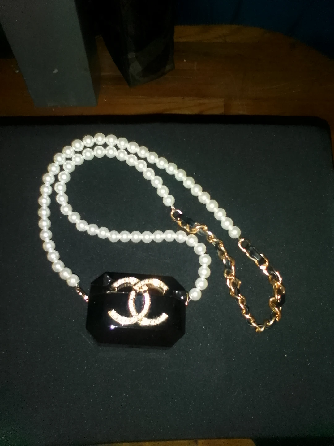 Chanel Pearl Necklace with Black Crystal Case