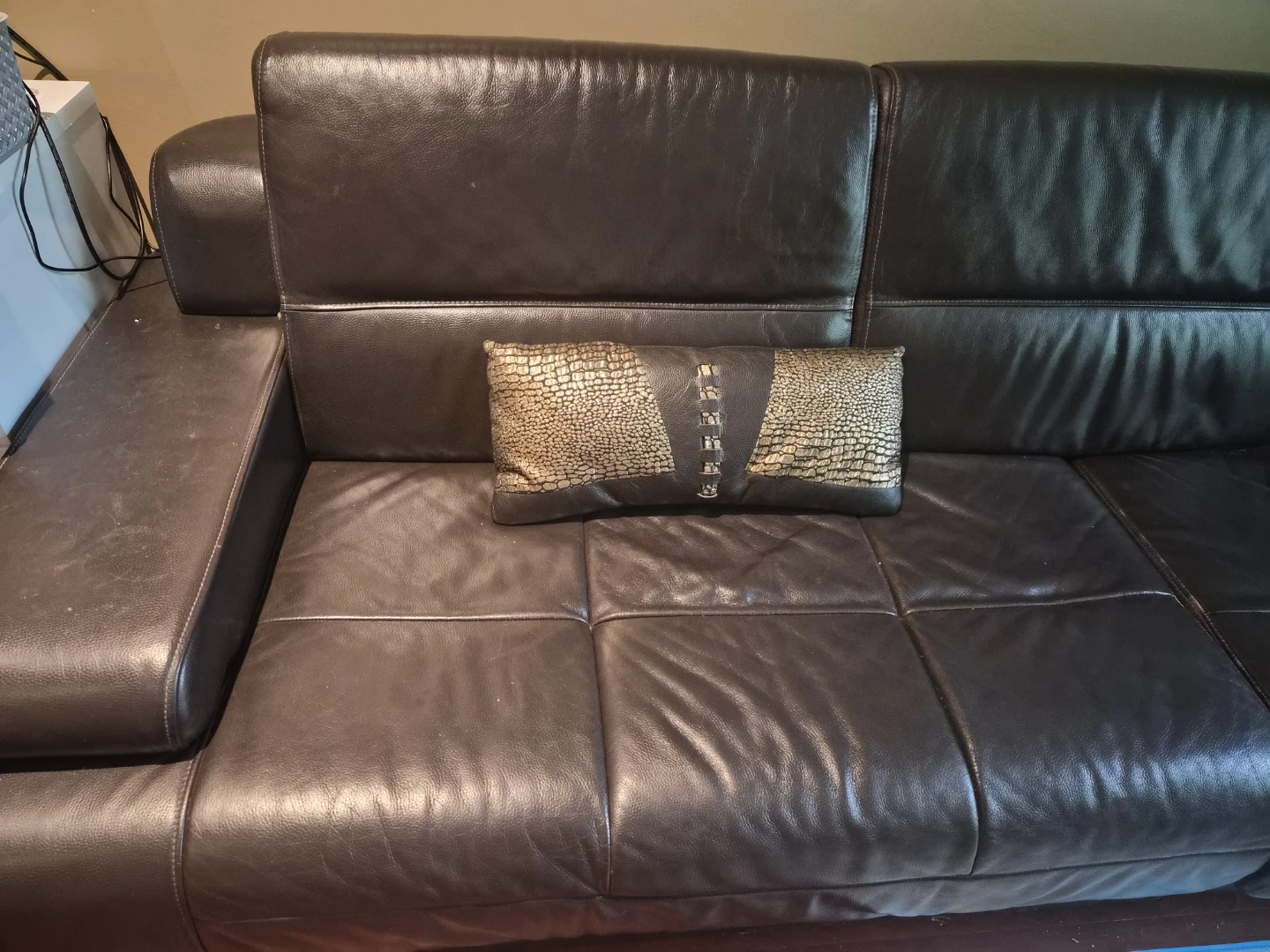Brown Leather Sofa with Decorative Pillows - photo 3