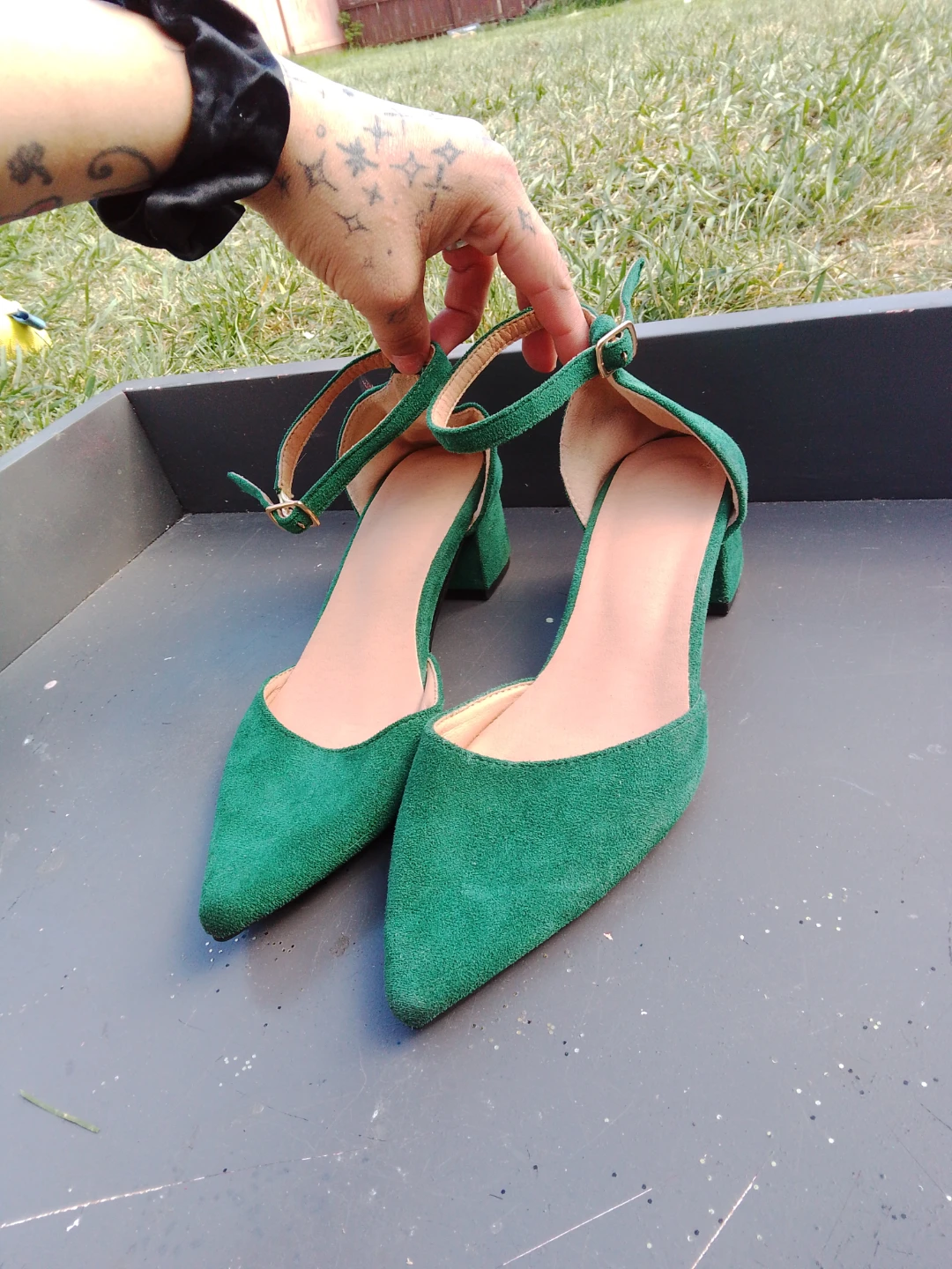 Green Suede Block Heel Shoes - Size 35