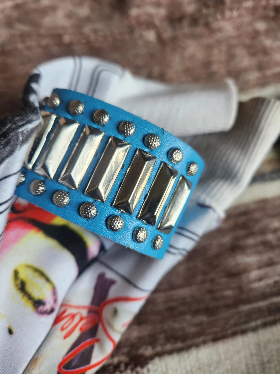 Blue Studded Leather Cuff Bracelet