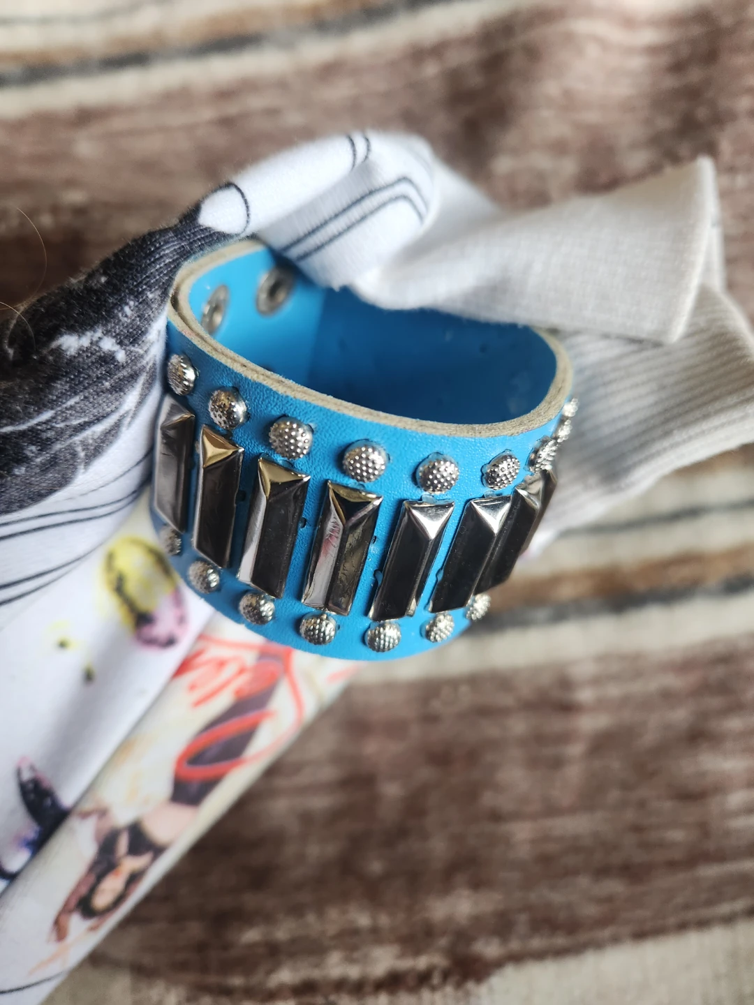 Blue Studded Leather Cuff Bracelet - photo 2