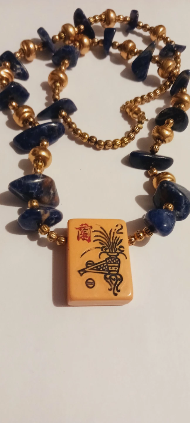 Asian Mahjong Tile Pendant gold tone blue beaded  necklace
