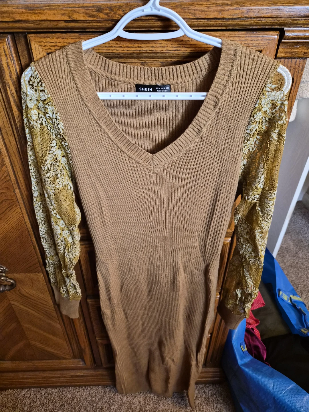 SHEIN Brown Ribbed Knit Dress with Lace Sleeves Size M