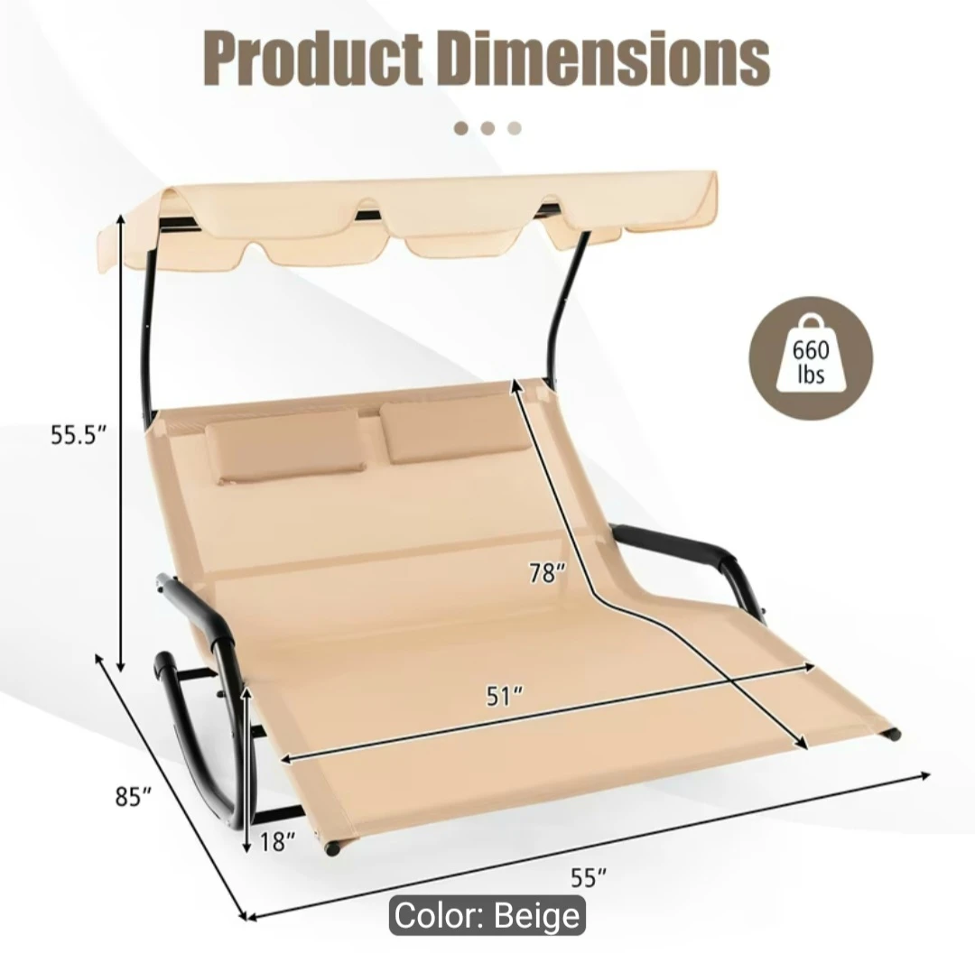 Double Patio Rocking Chair with Canopy - Beige - photo 3