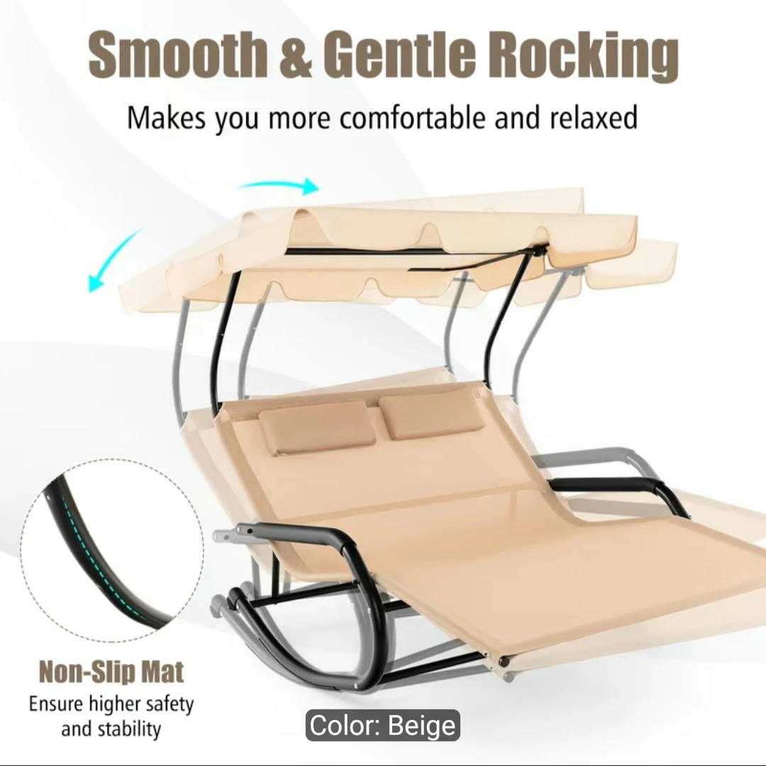 Double Patio Rocking Chair with Canopy - Beige - photo 4