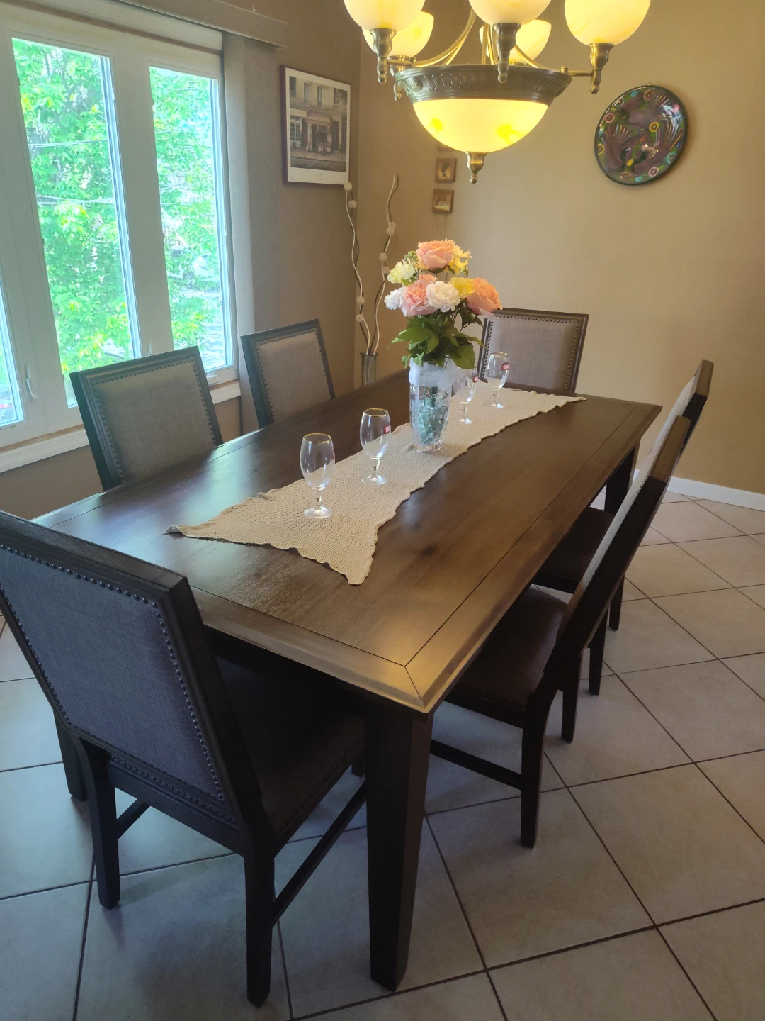 Dark Wood Dining Table with 6 Upholstered Chairs
