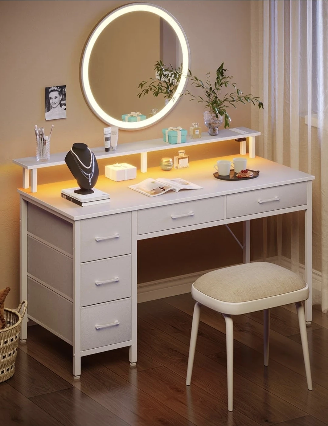 White Vanity Desk with Mirror and LED Lights