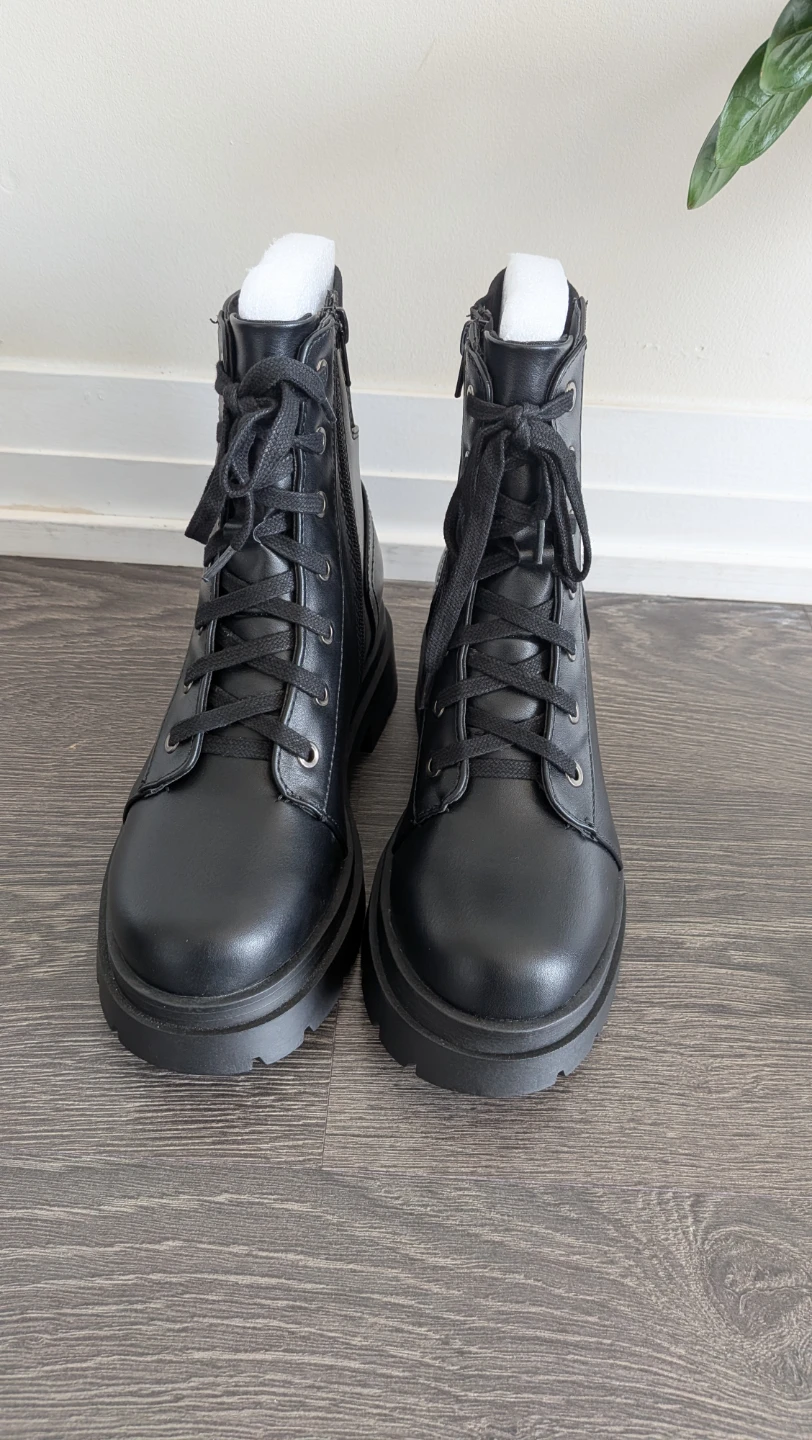 Black Lace-Up Combat Boots with Zipper - New
