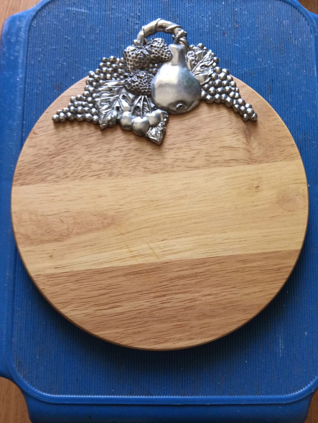 Round Wood Cheese Board with Pewter Fruit Embellishment