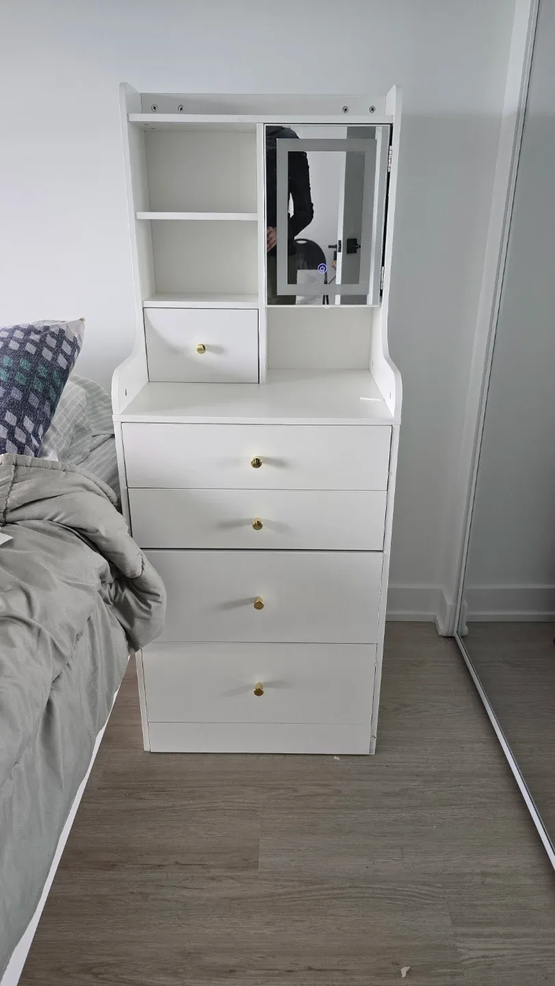 White Dresser with Mirrored Cabinet and Drawers