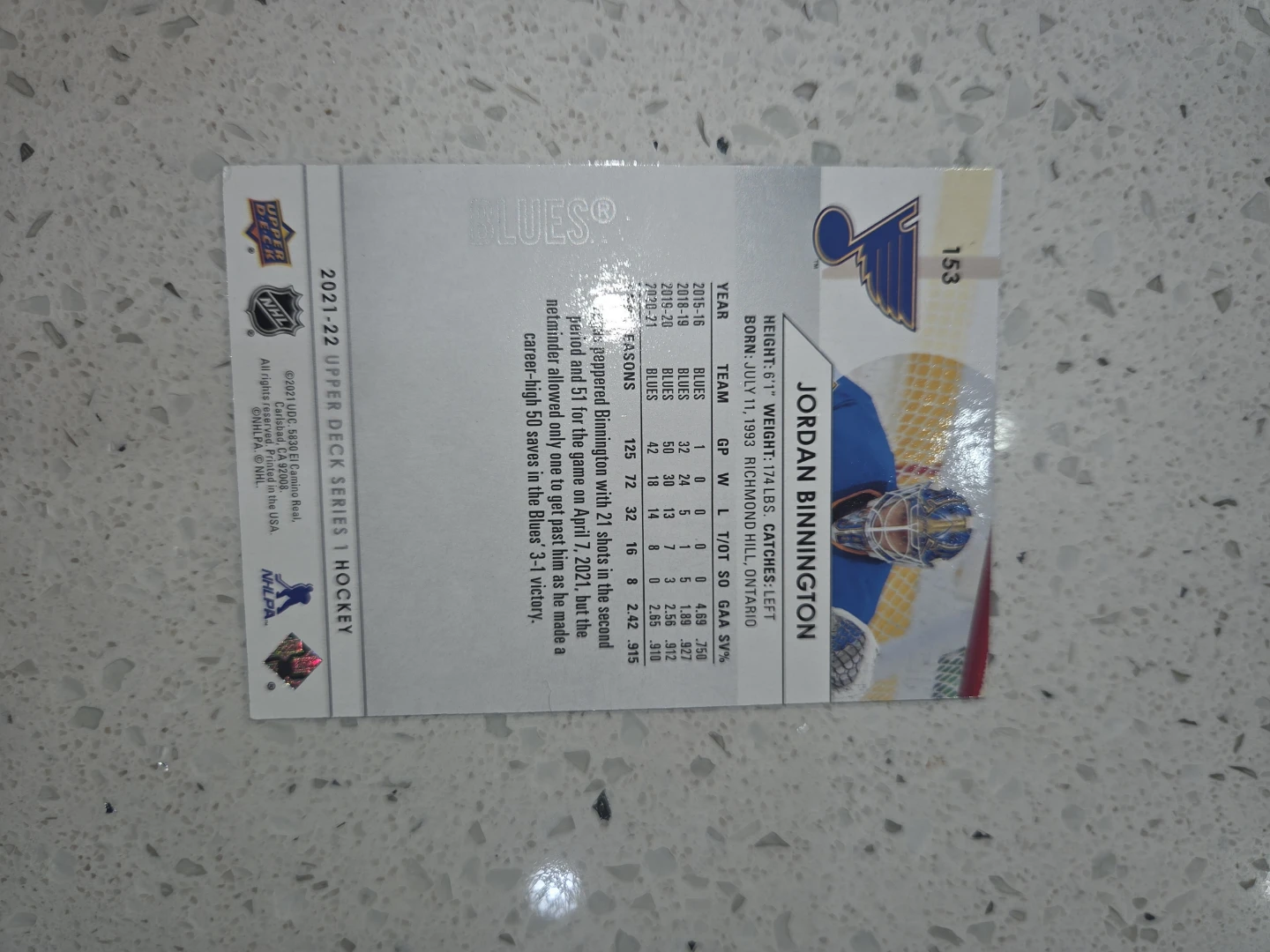 2021-22 Upper Deck Series 1 Hockey Card - Jordan Binnington - photo 2