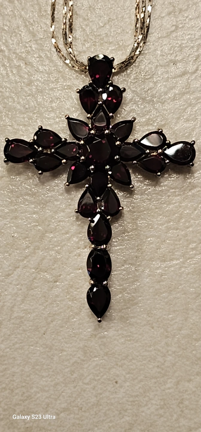 Silver Tone Cross Necklace with Garnet-like Stones - photo 2
