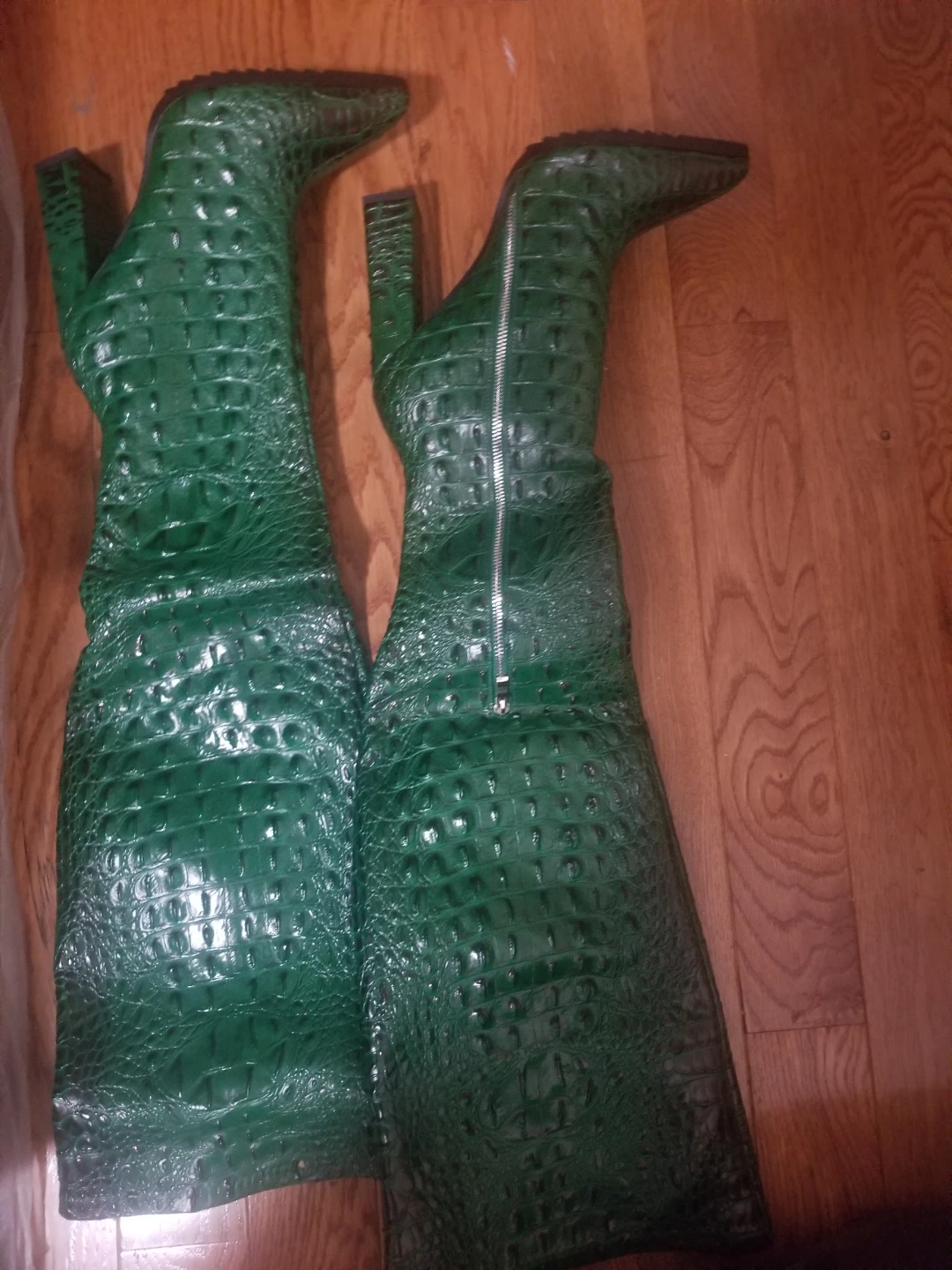 Green Crocodile Print Knee-High Boots - photo 4