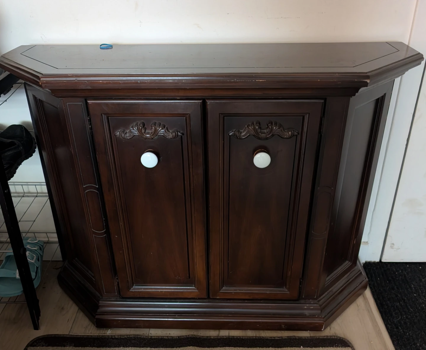 Dark Wood Accent Cabinet with White Knobs