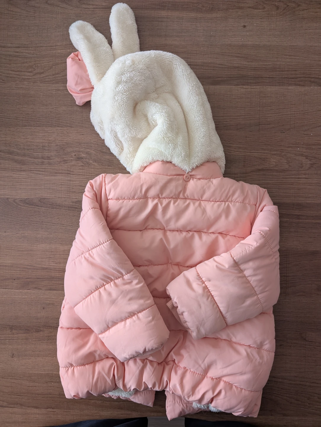 Kids' Pink Puffer Jacket with Bunny Hood and Grey Jeans Set - photo 2