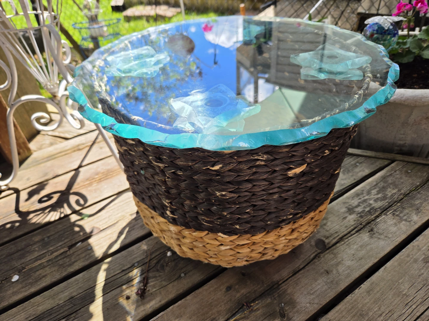 Glass Top Woven Basket Side Table