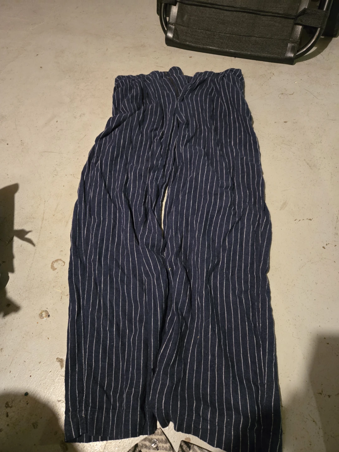 Navy and white striped wide-leg pants