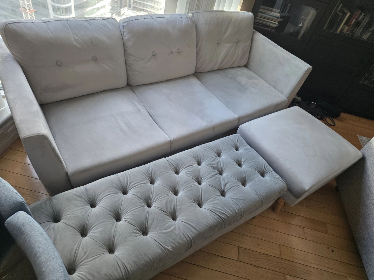 Grey Velvet 3-Seater Sofa with Ottoman and Tufted Bench - photo 2