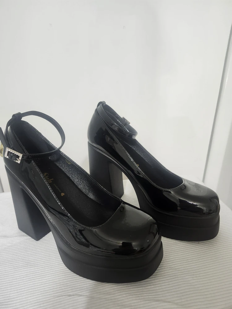 Black Patent Platform Mary Jane Shoes with Ankle Strap