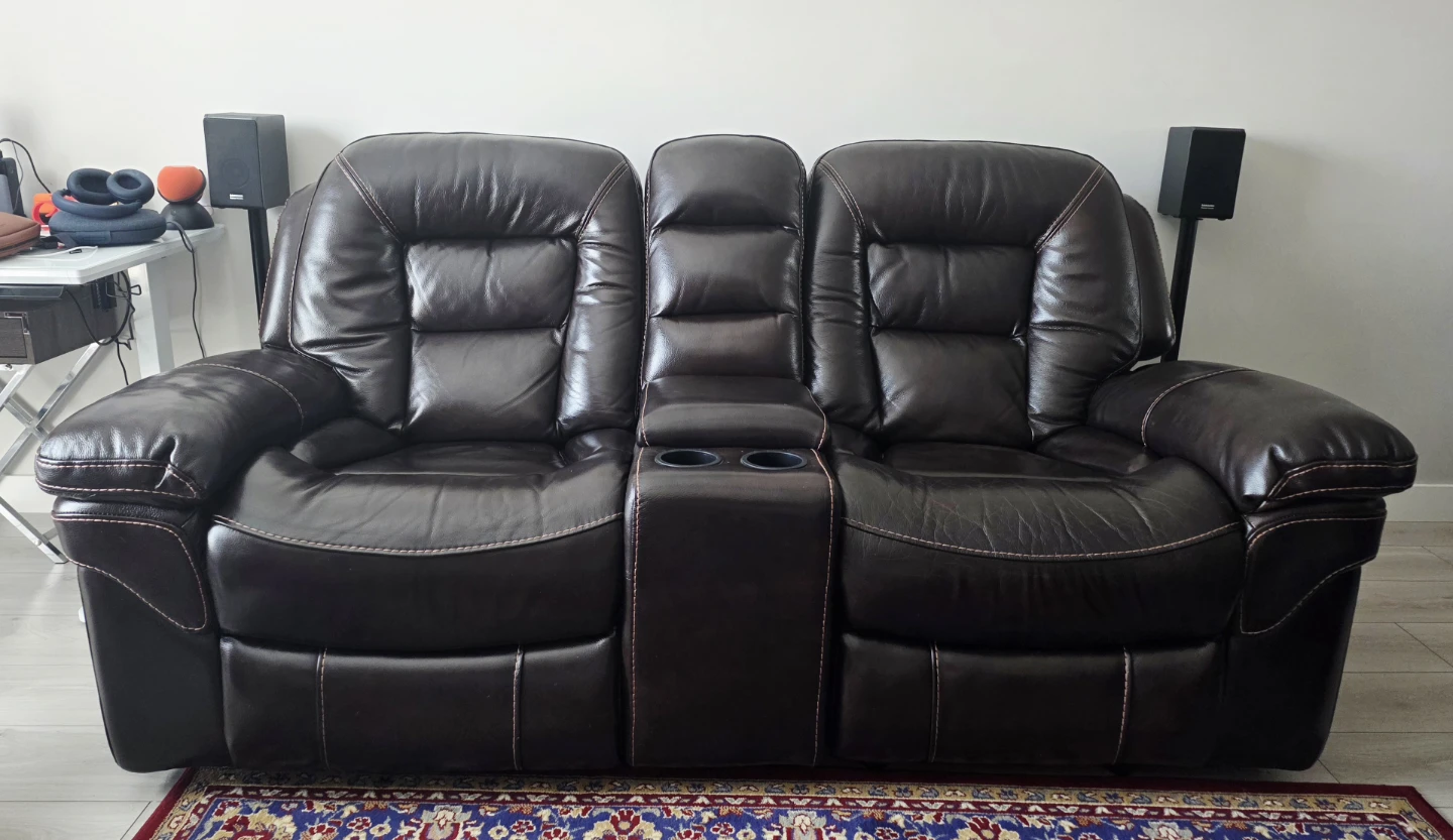 Dark Brown Leather Loveseat Recliner with Storage & Cup Holders