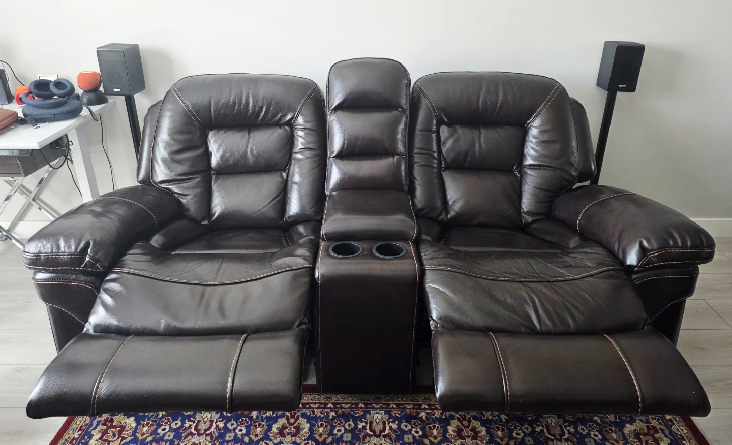 Dark Brown Leather Loveseat Recliner with Storage & Cup Holders - photo 2