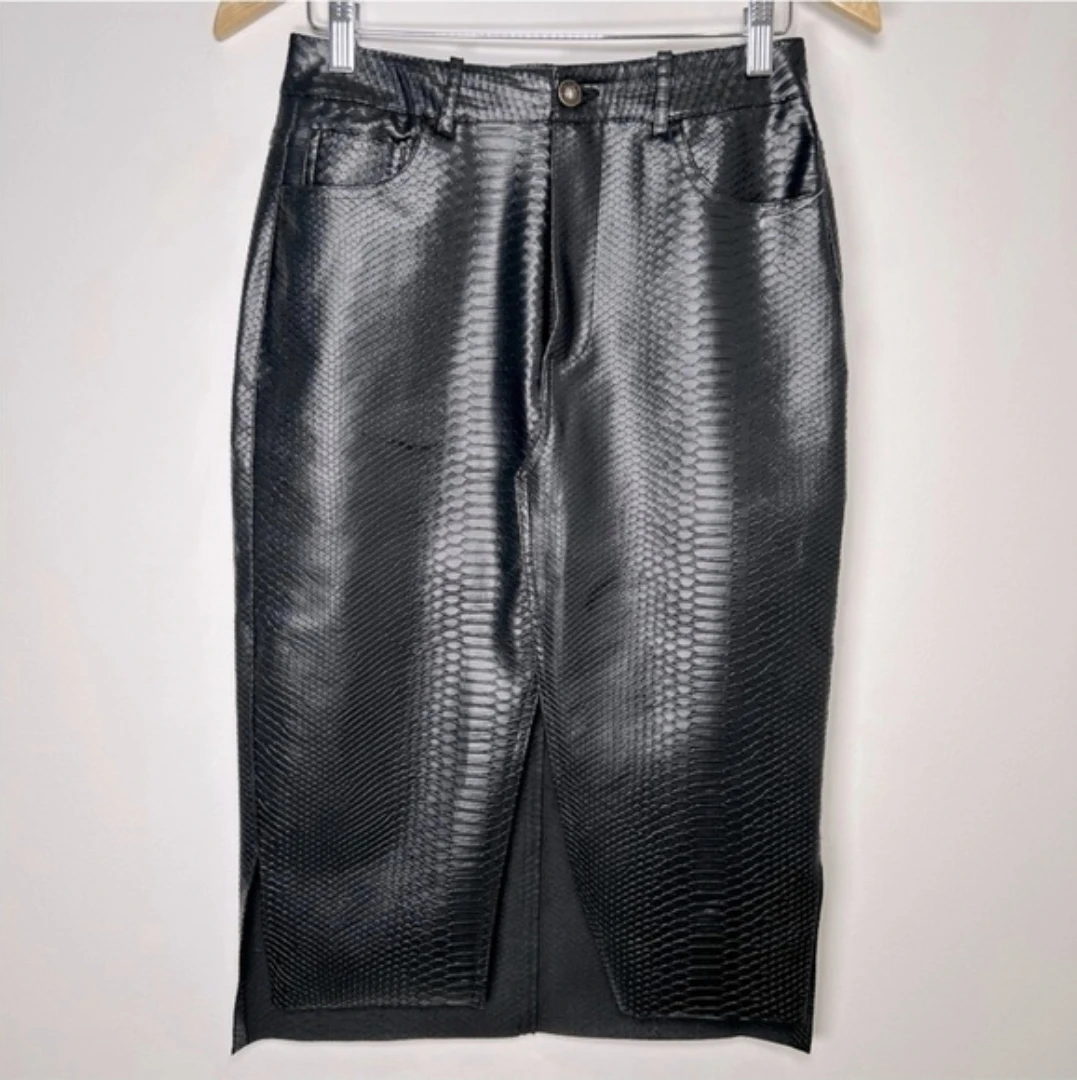 ZARA Black Faux Snake Skin Midi Pencil Skirt - Vegan Leather - photo 3