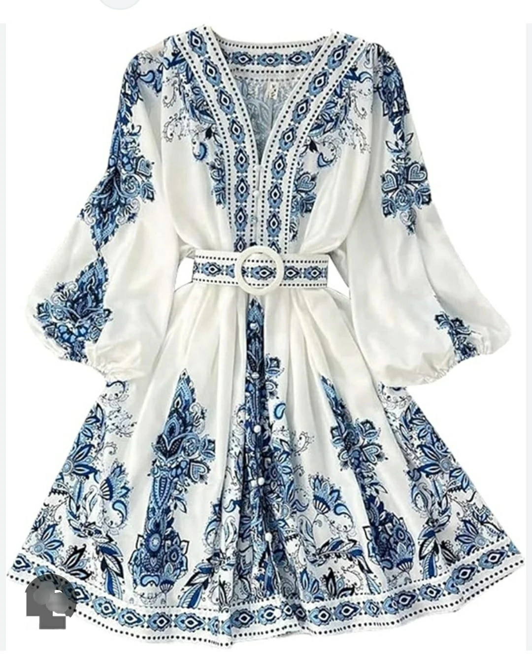 New Blue and White Print Mini Dress with Belt - photo 2