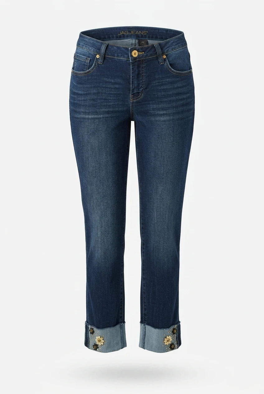 Jag Jeans Blue Denim Cropped Jeans with Floral Embellishment