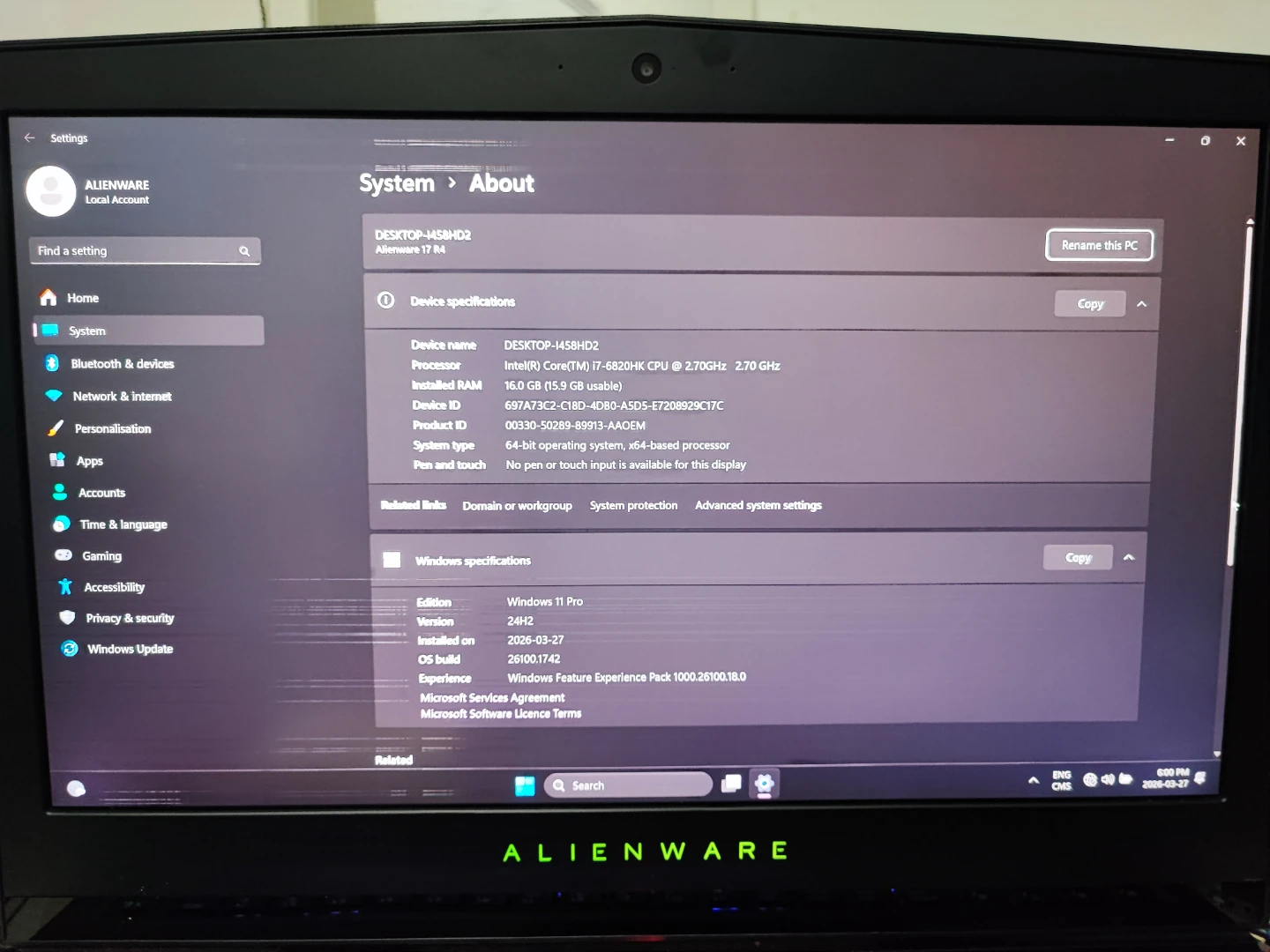 Alienware 17 R4 Laptop - Intel Core i7-6820HK, 16GB RAM