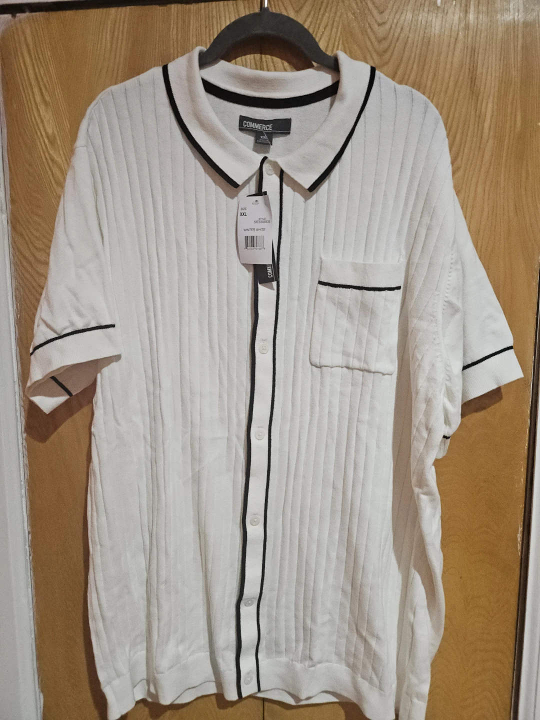 Commerce White Ribbed Knit Short Sleeve Collared Shirt XXL