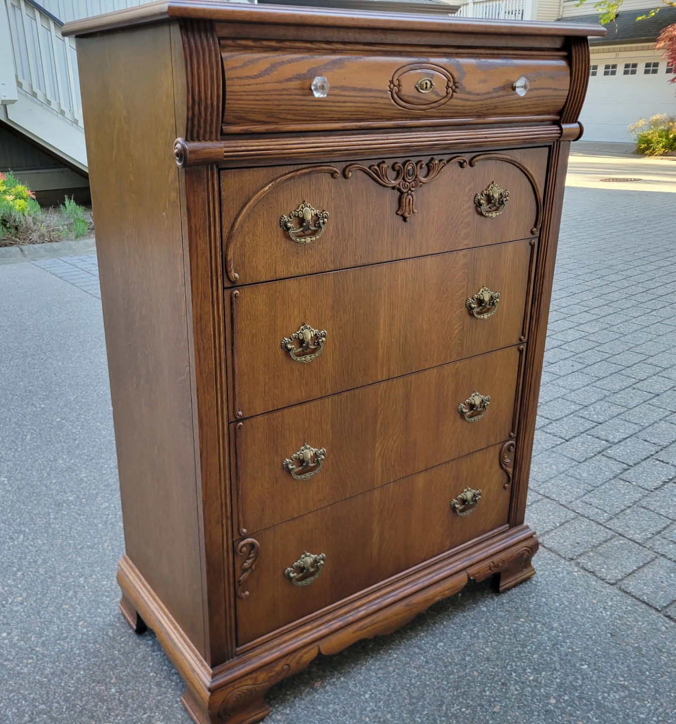 Vintage American Drew Solid Oak Tallboy Dresser.