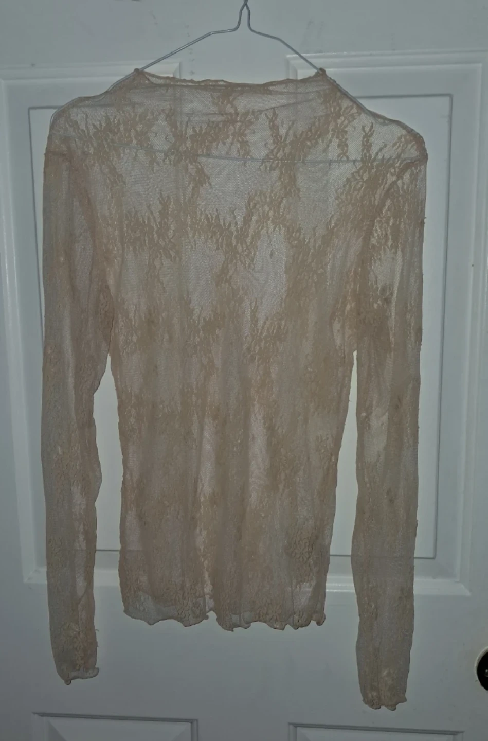 Women's Beige Lace Long-Sleeve Sheer Top