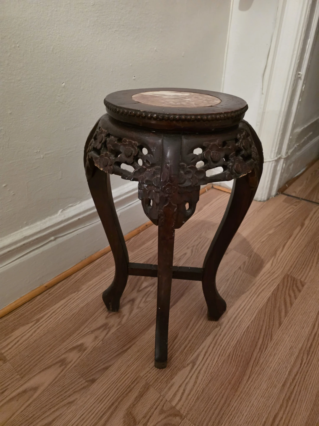 Carved Wood and Marble Top Pedestal Stand