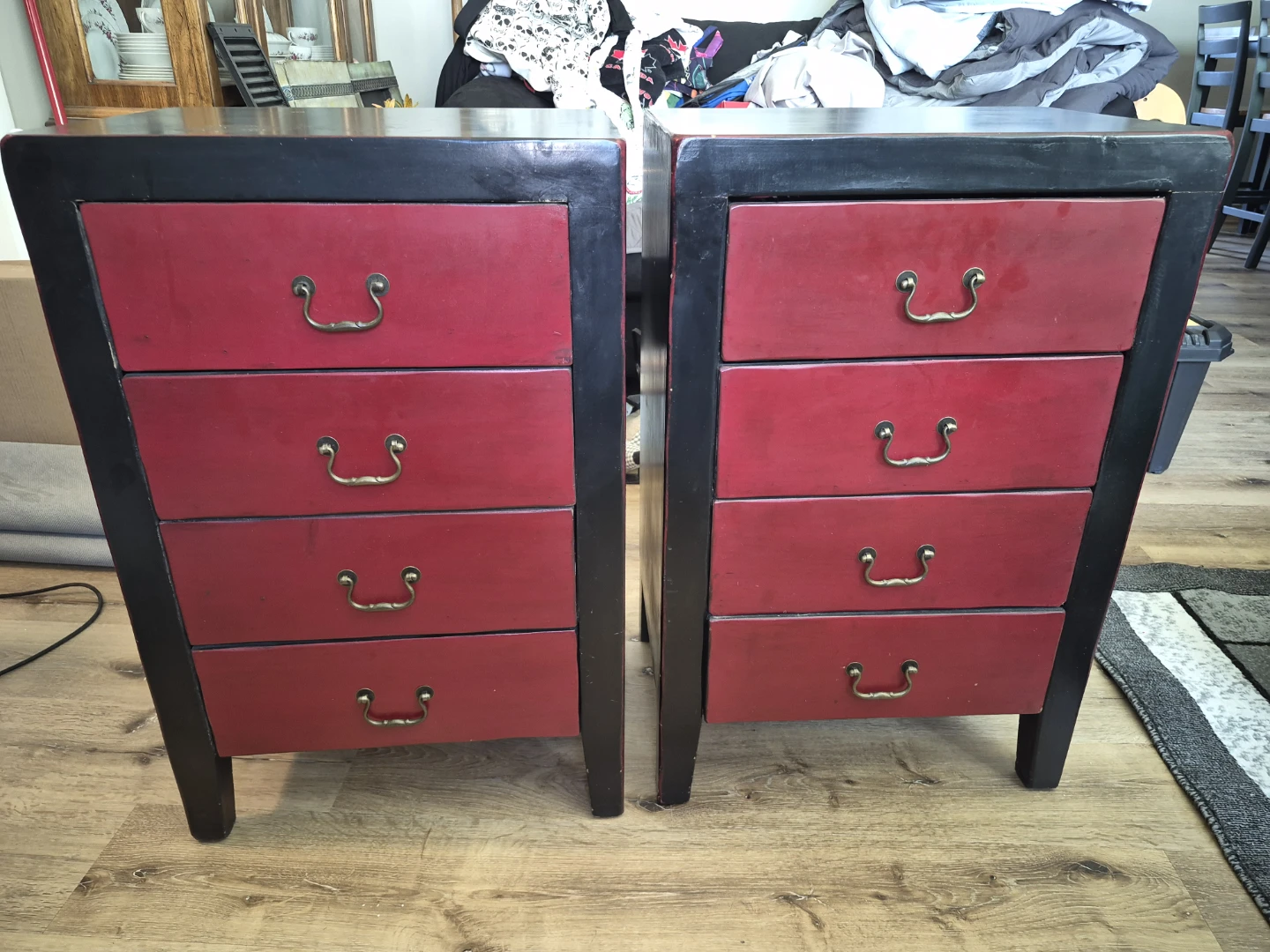 Pair of Red and Black Nightstands with 4 Drawers