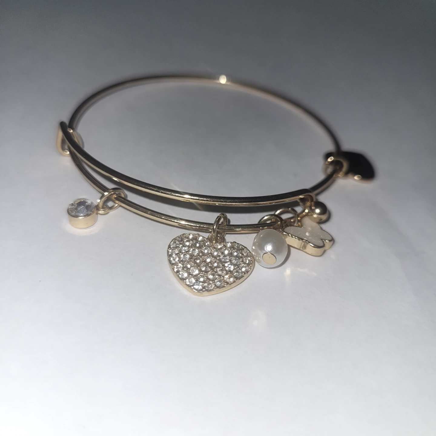 Gold Tone Charm Bangle Bracelet with Heart and Butterfly
