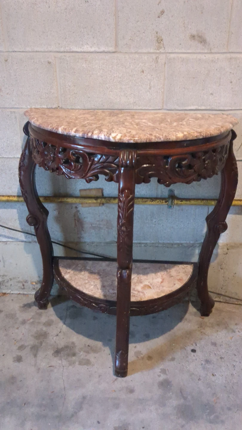 Ornate Carved Wood Console Table with Marble Top
