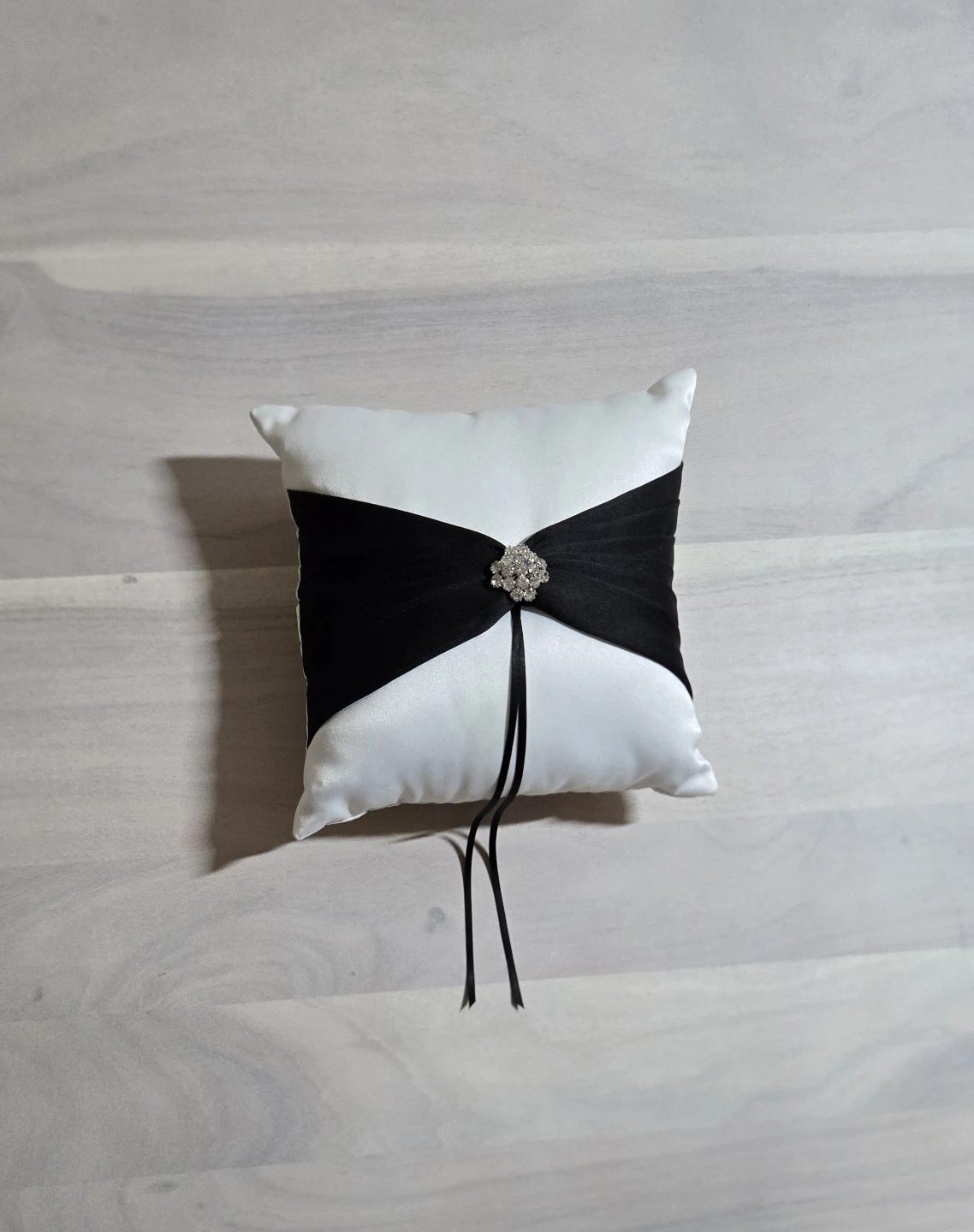 White and Black Ring Bearer Pillow with Rhinestone Accent