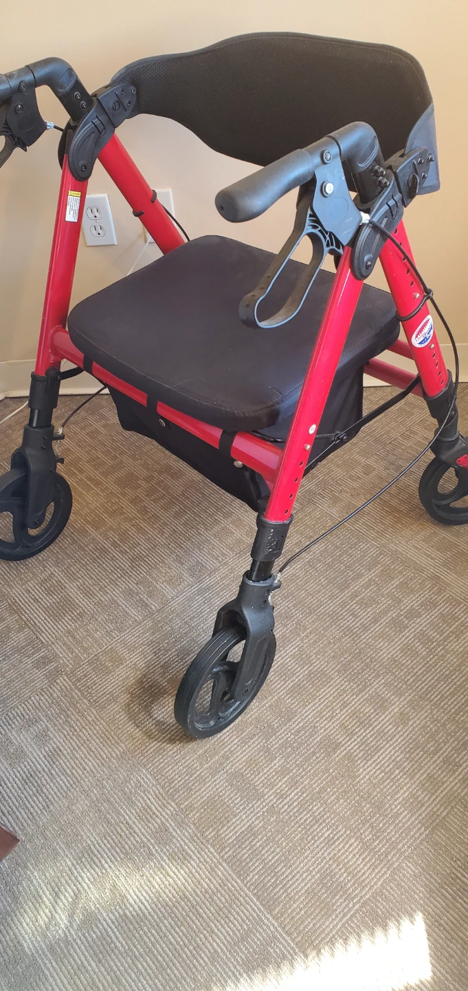 Red 4-Wheel Rollator with Seat and Bag