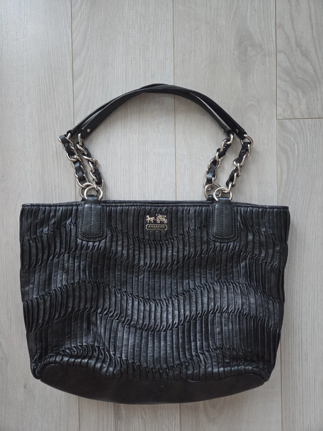 Coach Black Leather Ruched Tote Bag with Chain Strap