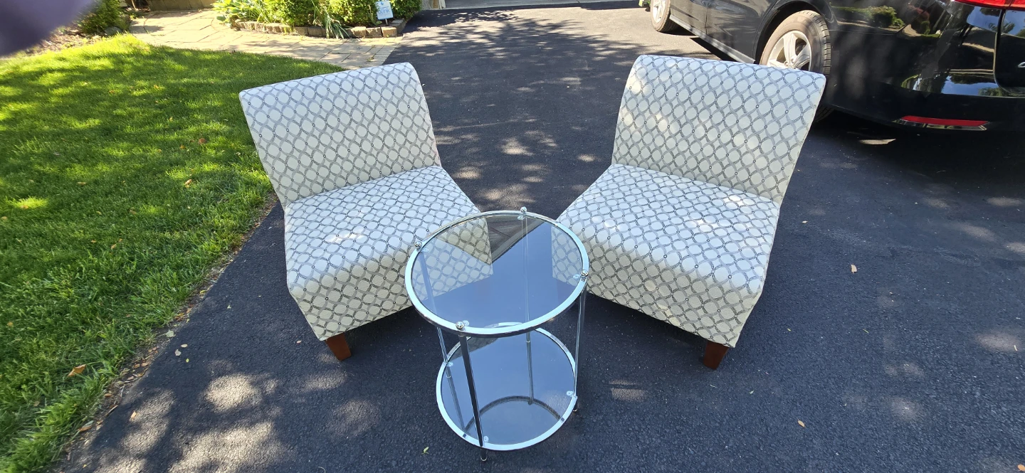 Set of 2 Accent Chairs and Round Glass Side Table
