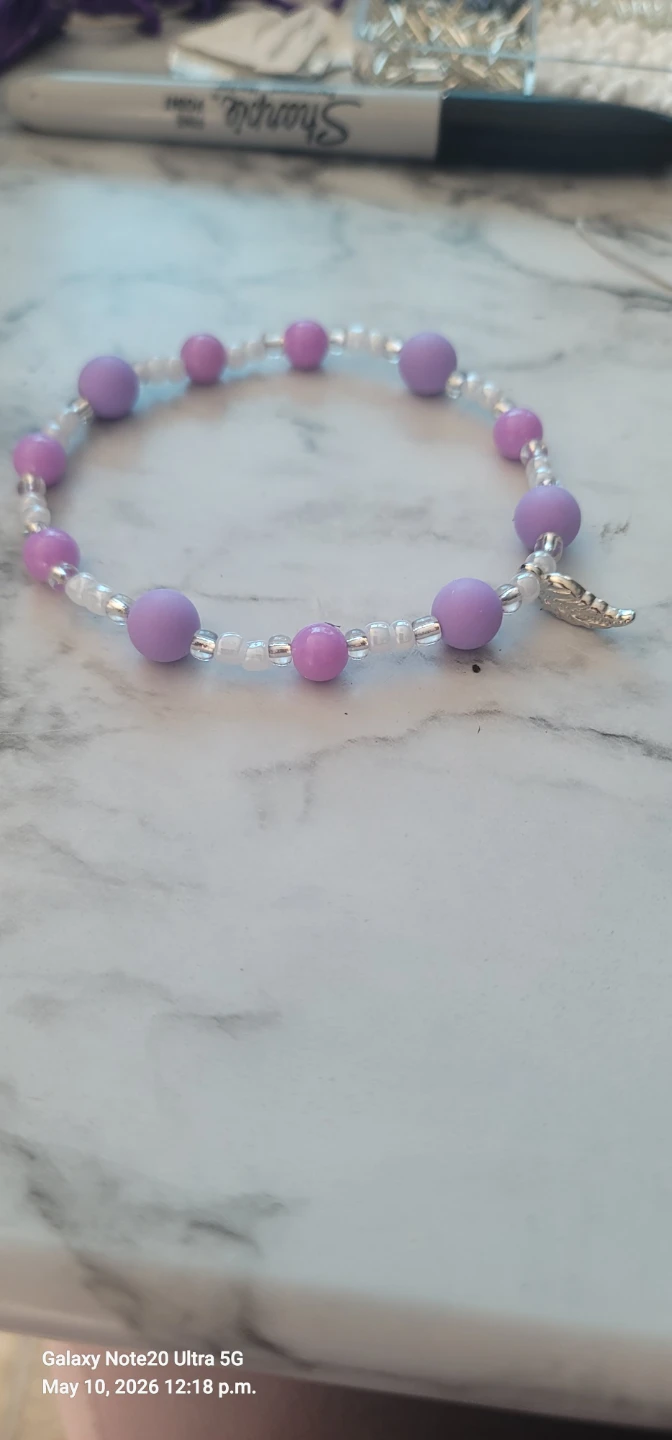 Purple and White Beaded Bracelet with Leaf Charm