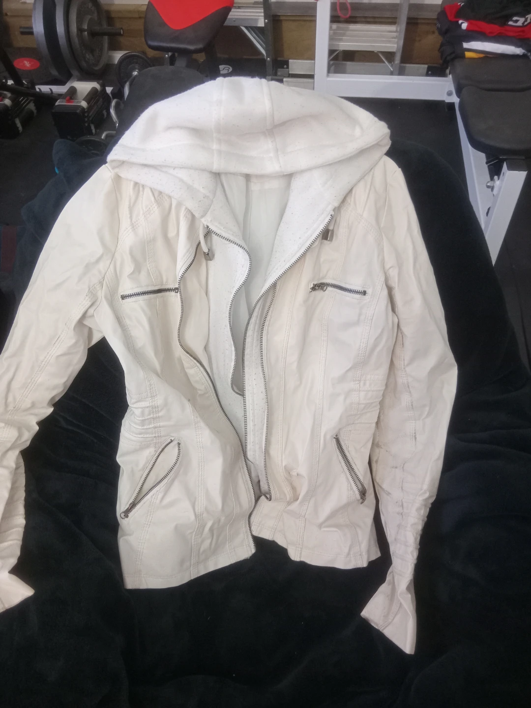 White PU Faux Leather Jacket with Hood