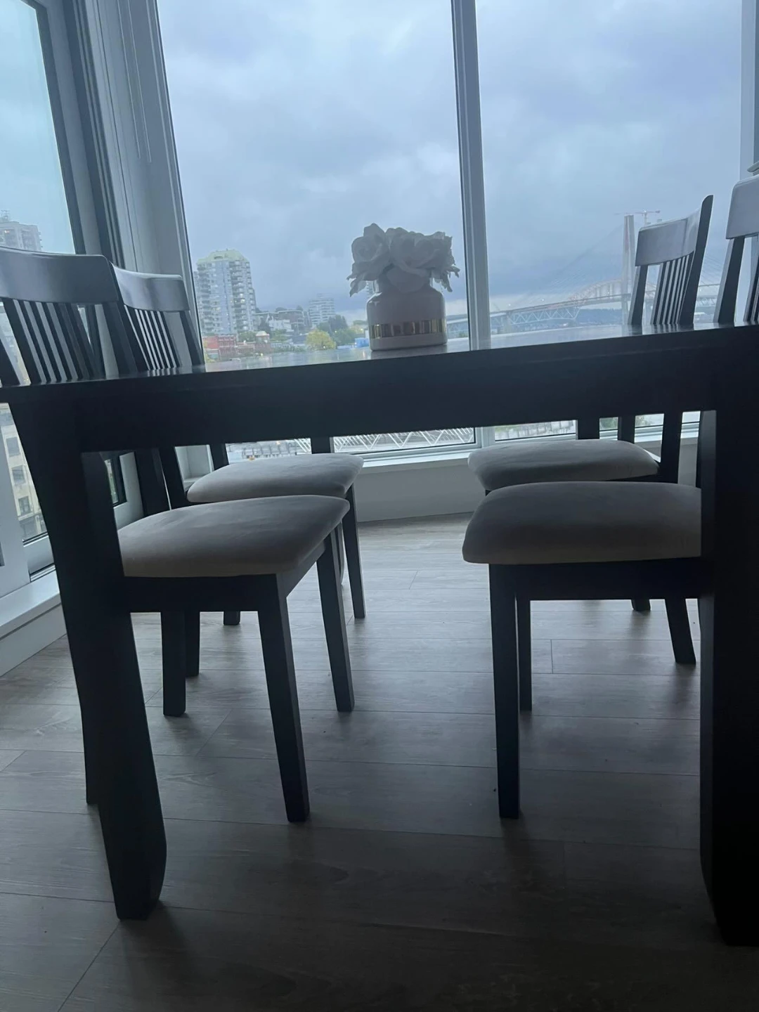 Dark Wood Dining Table with 4 Grey Upholstered Chairs - photo 2