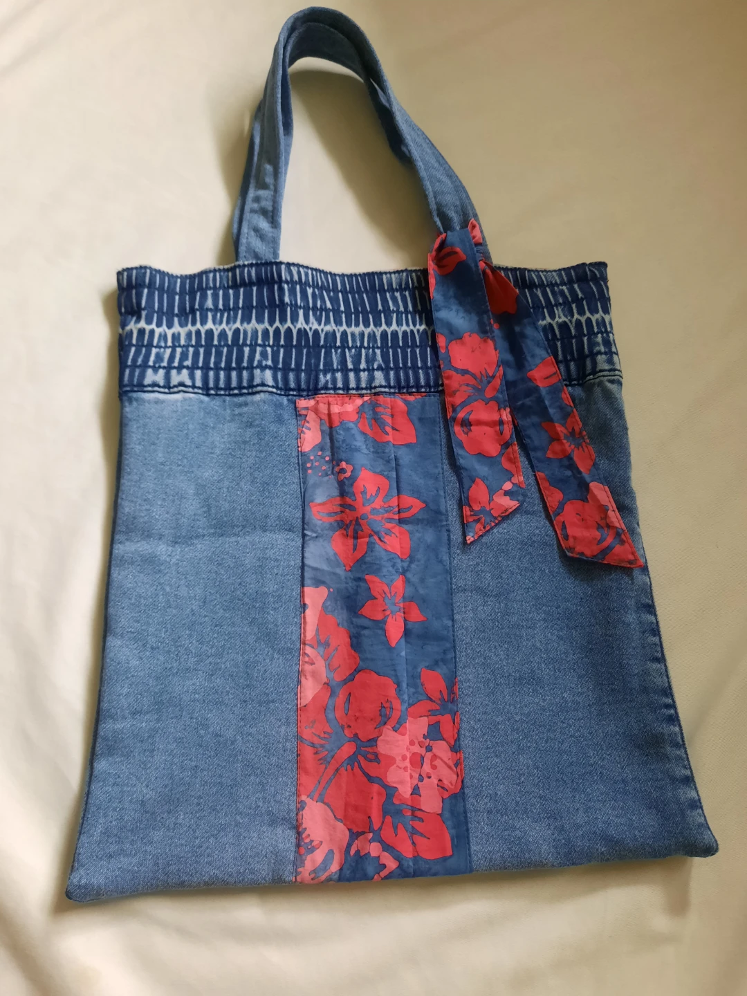 Denim Tote Bag with Floral Accent