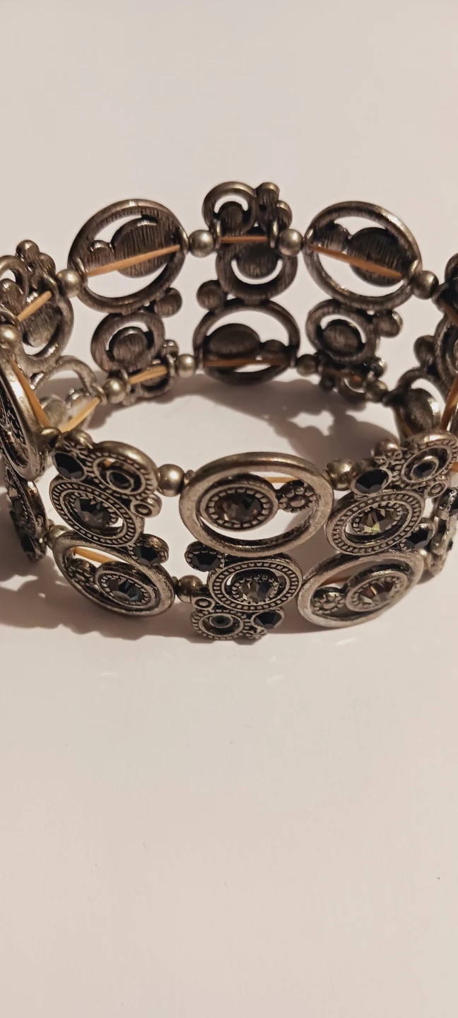 Silver Tone Stretchy Bracelet with Black and Clear Gems - photo 2