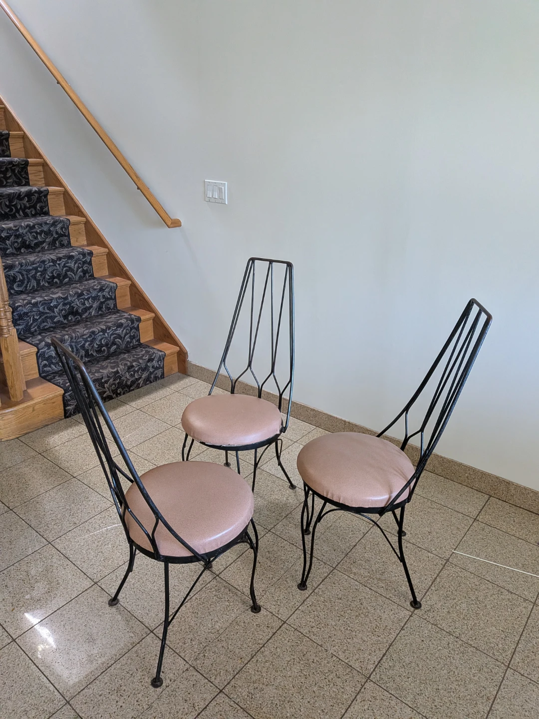 Set of 3 Mid-Century Style Metal Chairs with Pink Upholstery