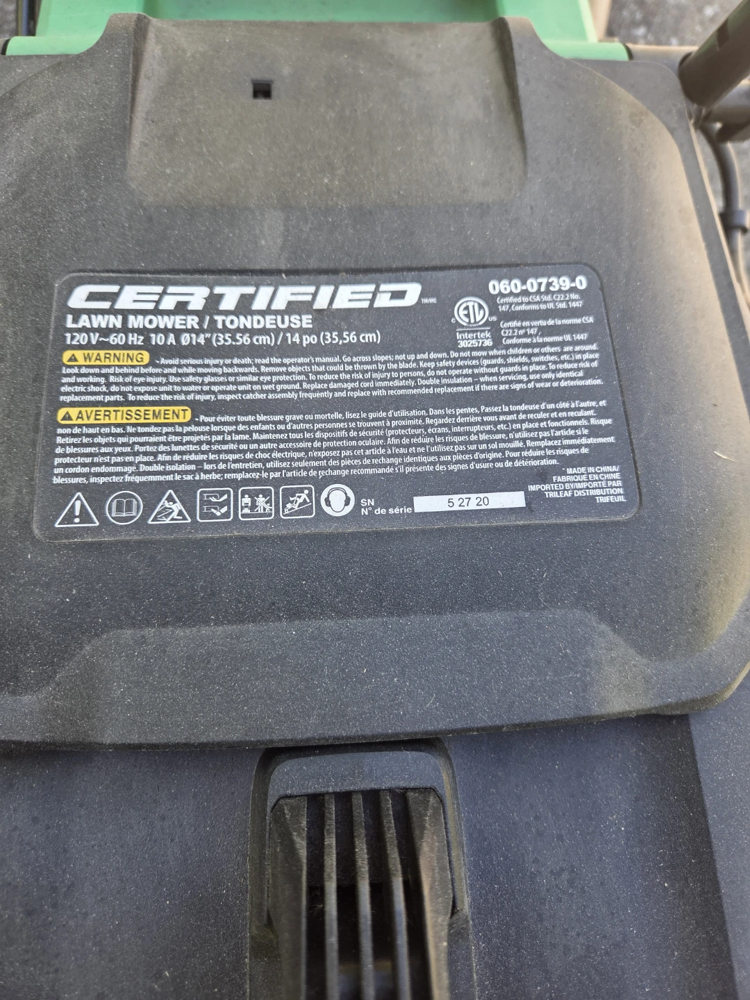 CERTIFIED 120V 10A 14" Electric Lawn Mower - photo 3