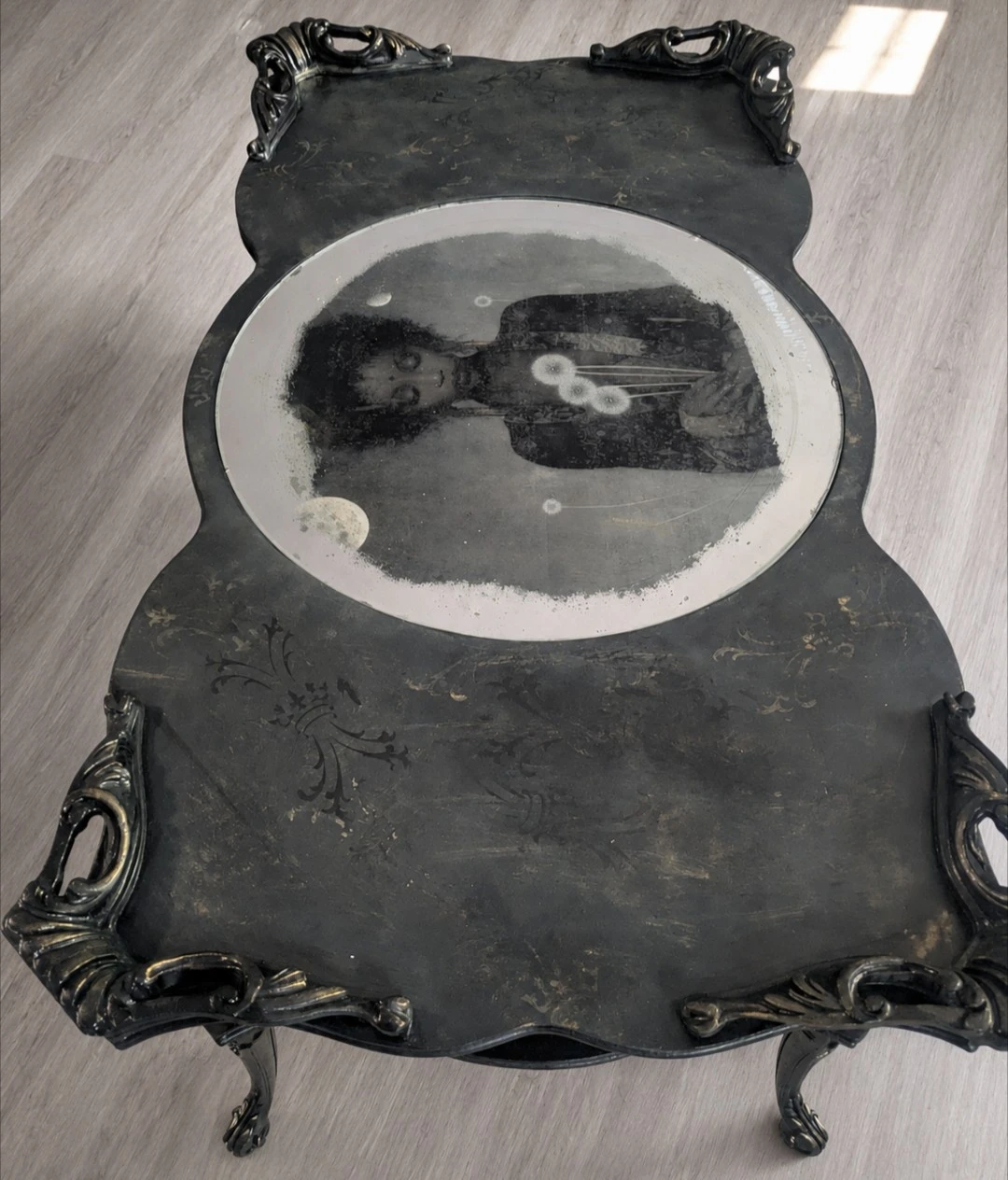Gothic Black Coffee Table with Art Glass Top